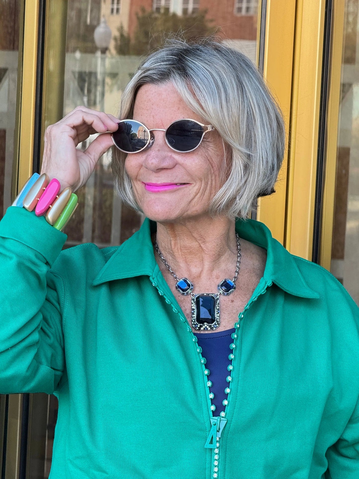 Crystal Zipper Cardigan with Collar Kelly Green