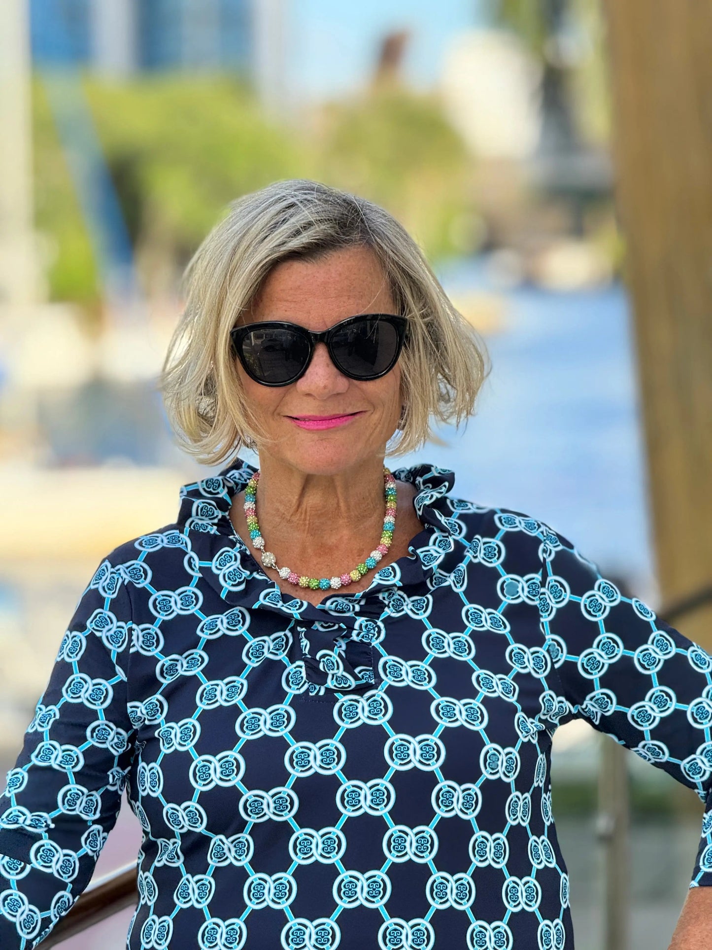 BLUE MEDALLION RUFFLE SLEEVE TOP