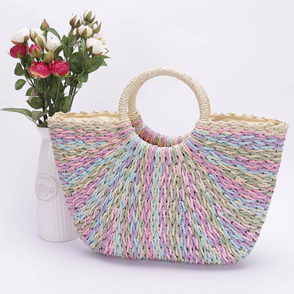 Faux Straw Multi Color Round Handle Tote Bag