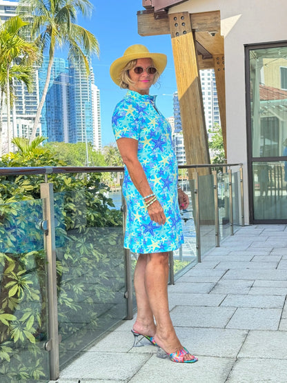 LULU B STARFISH SPLASH HALF ZIPPER SHORT SLEEVE DRESS