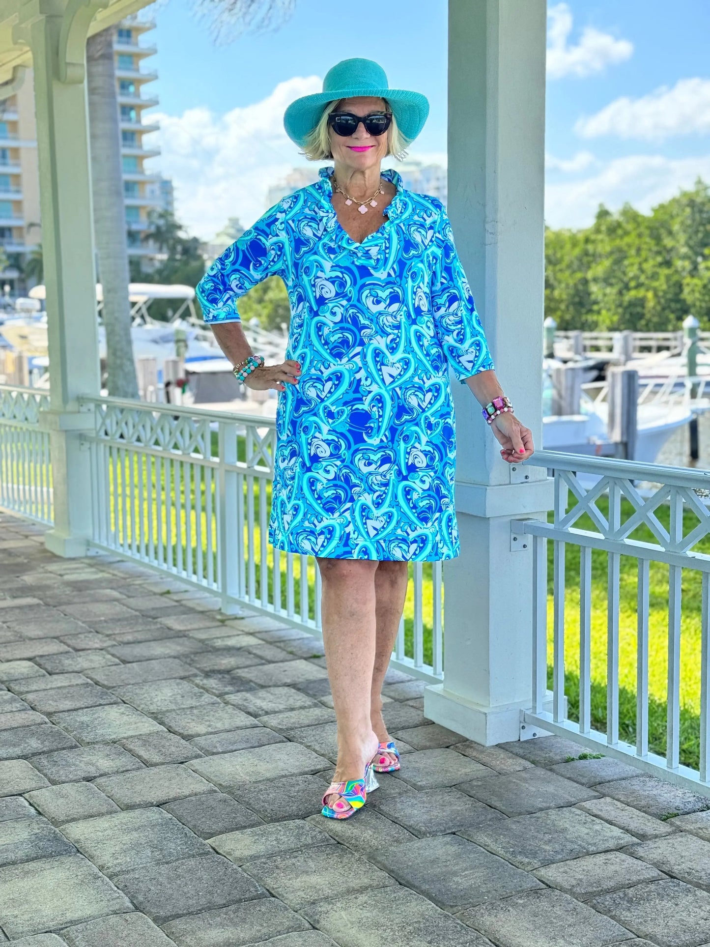 BLUE DREAMING HEART RUFFLE NECK DRESS