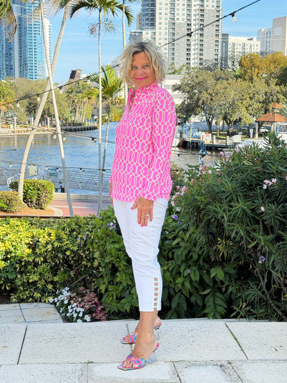 LULU B PALM BEACH LATTICE HALF ZIPPER TOP