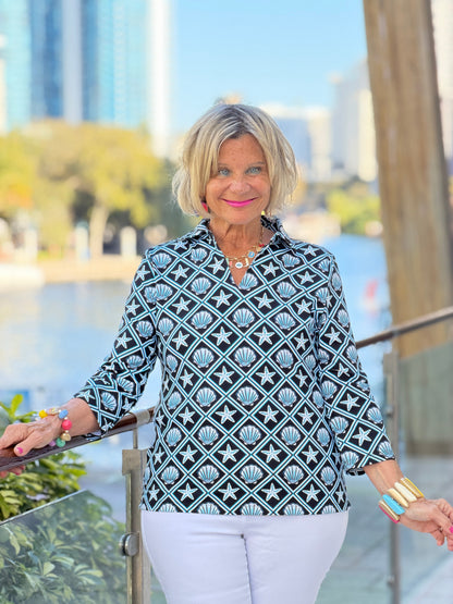 LULU B OCEAN TREASURES COLLAR SLEEVE TOP