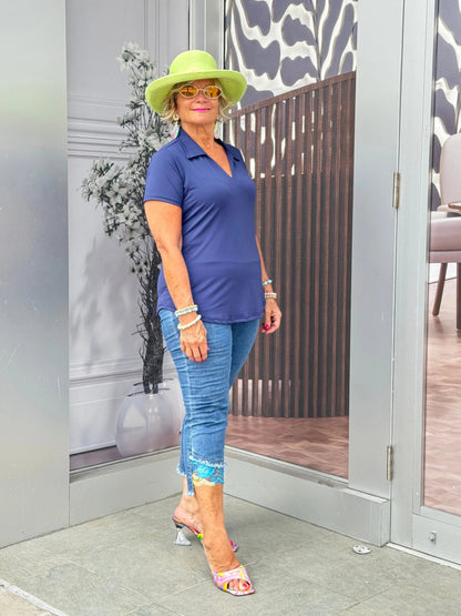 LULU-B NAVY SHORT SLEEVE COLLAR V NECK