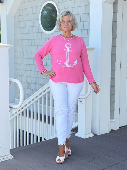 DOCKSIDE NAUTICAL PINK STRIPE ANCHOR SWEATER