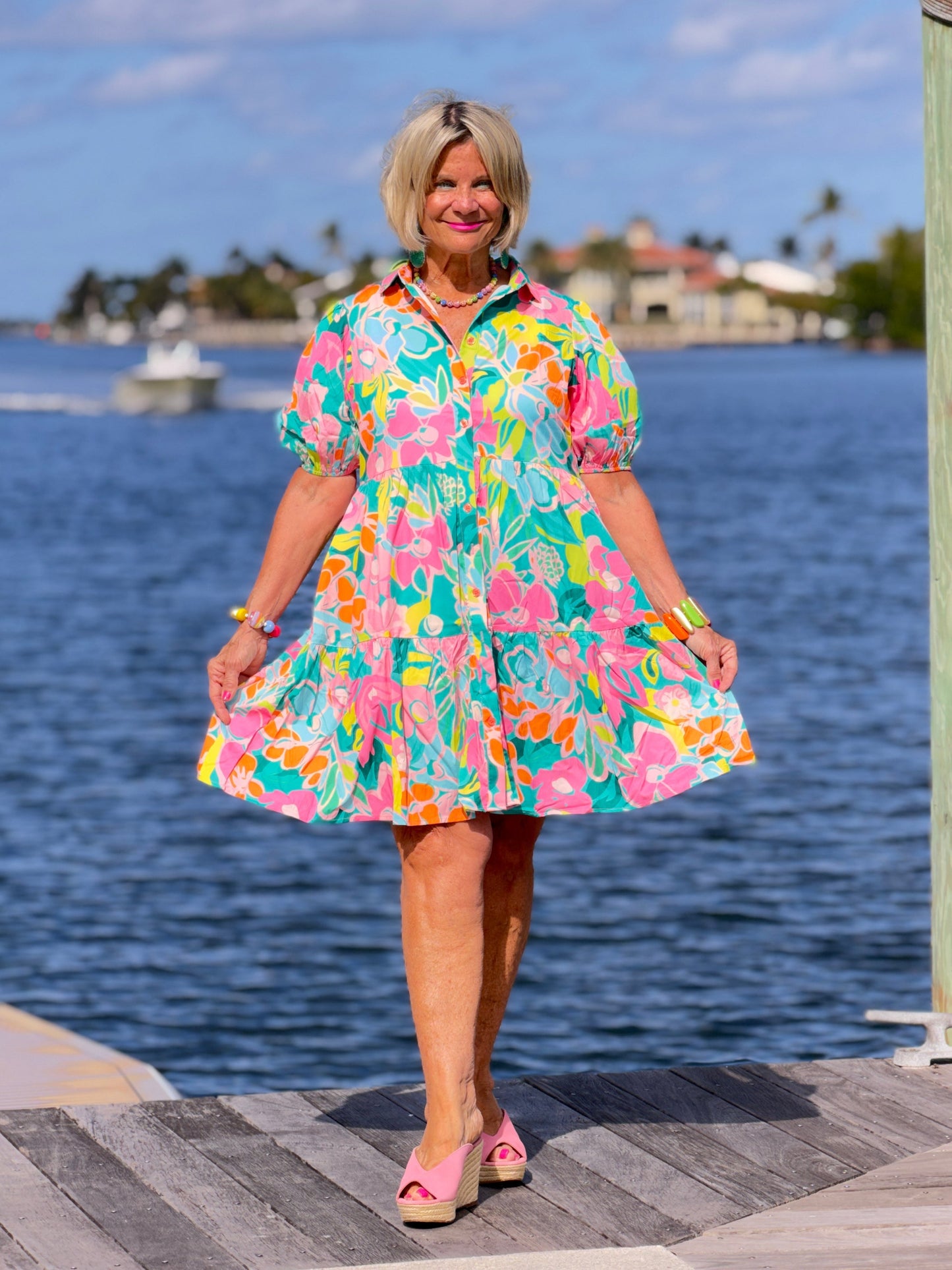 Fashion-W Floral Short Sleeve Buttoned Babydoll BOHO Dress