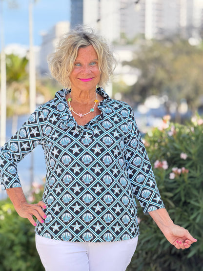 LULU B OCEAN TREASURES RUFFLE SLEEVE TOP