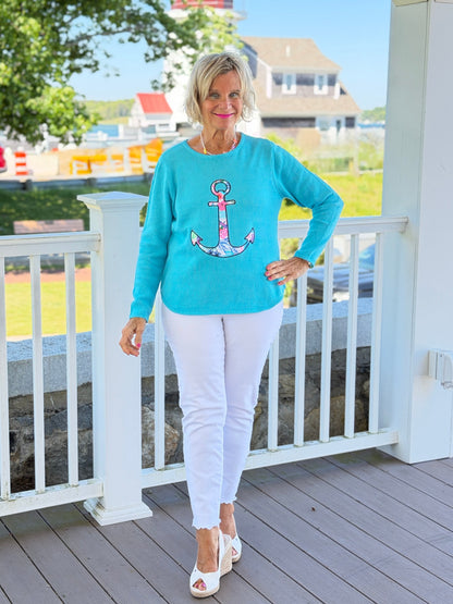 BEACH CLUB AQUA CAPE COD ANCHOR SWEATER