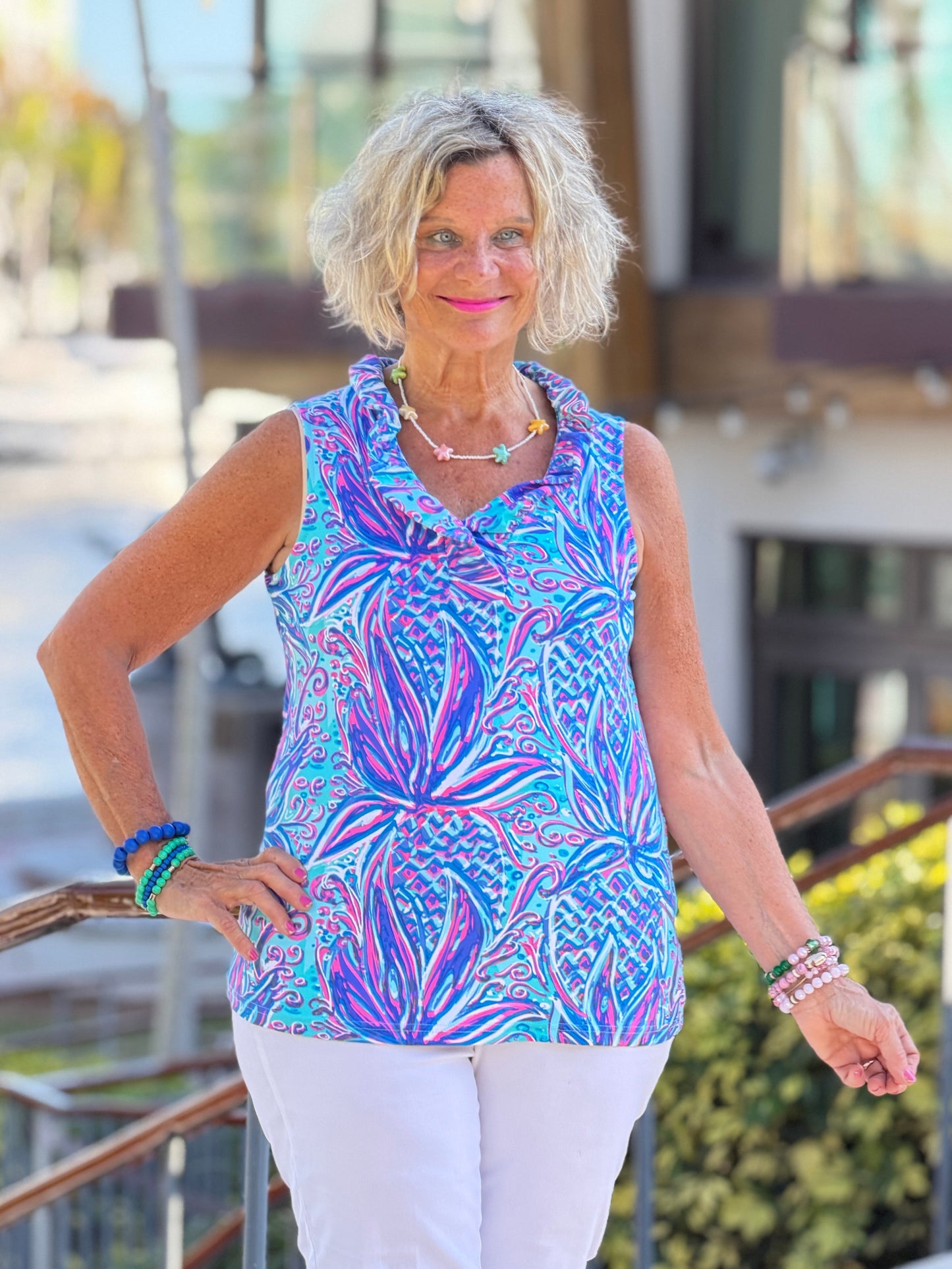 LULU B PALM ROYALE SLEEVELESS RUFFLE TOP