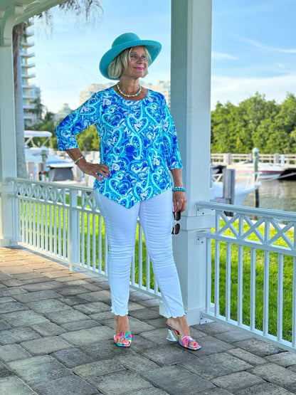 BLUE DREAMING HEARTS ASYMMETRICAL TOP