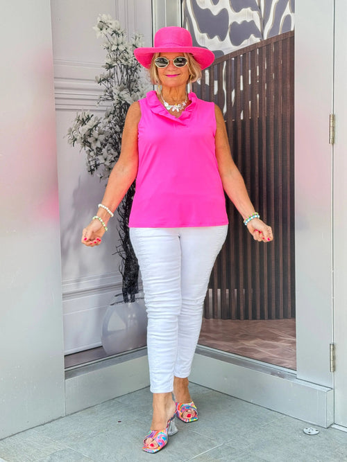HOT PINK SLEEVELESS RUFFLE TOP