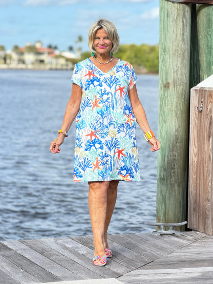 CORAL REEEF V NECK SLEEVE UPF + 50 DRESS