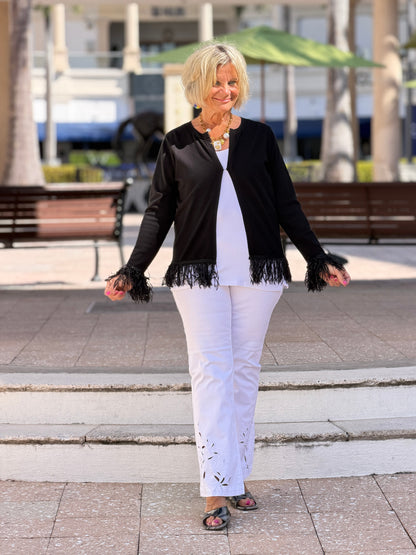LULU-B  BLACK CASHMERE FRINGE FANCY CARDIGAN