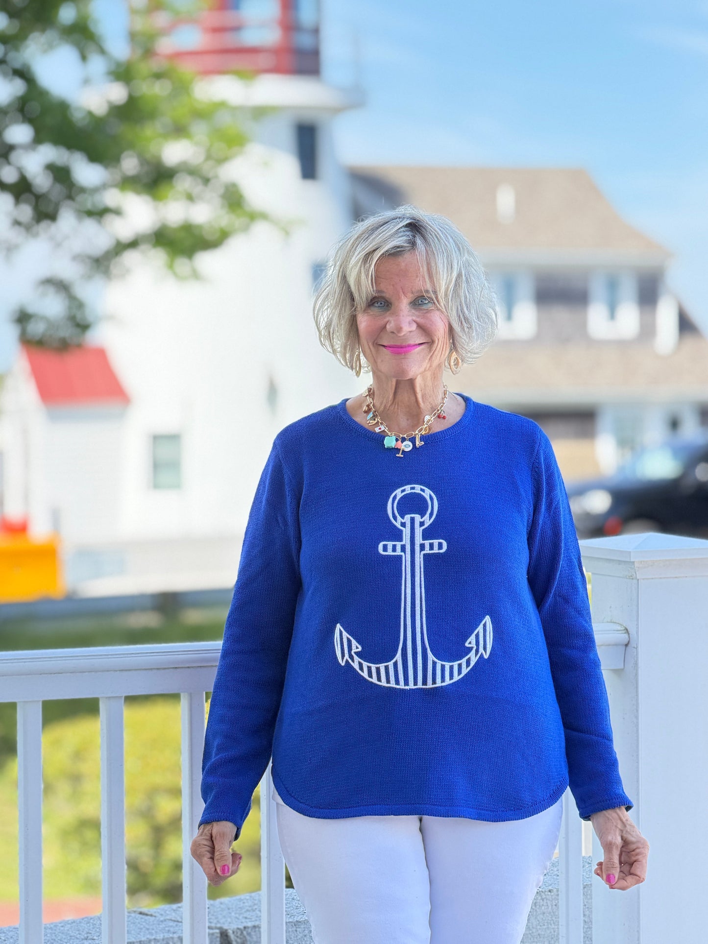 DOCKSIDE NAUTICAL COBALT STRIPE ANCHOR SWEATER