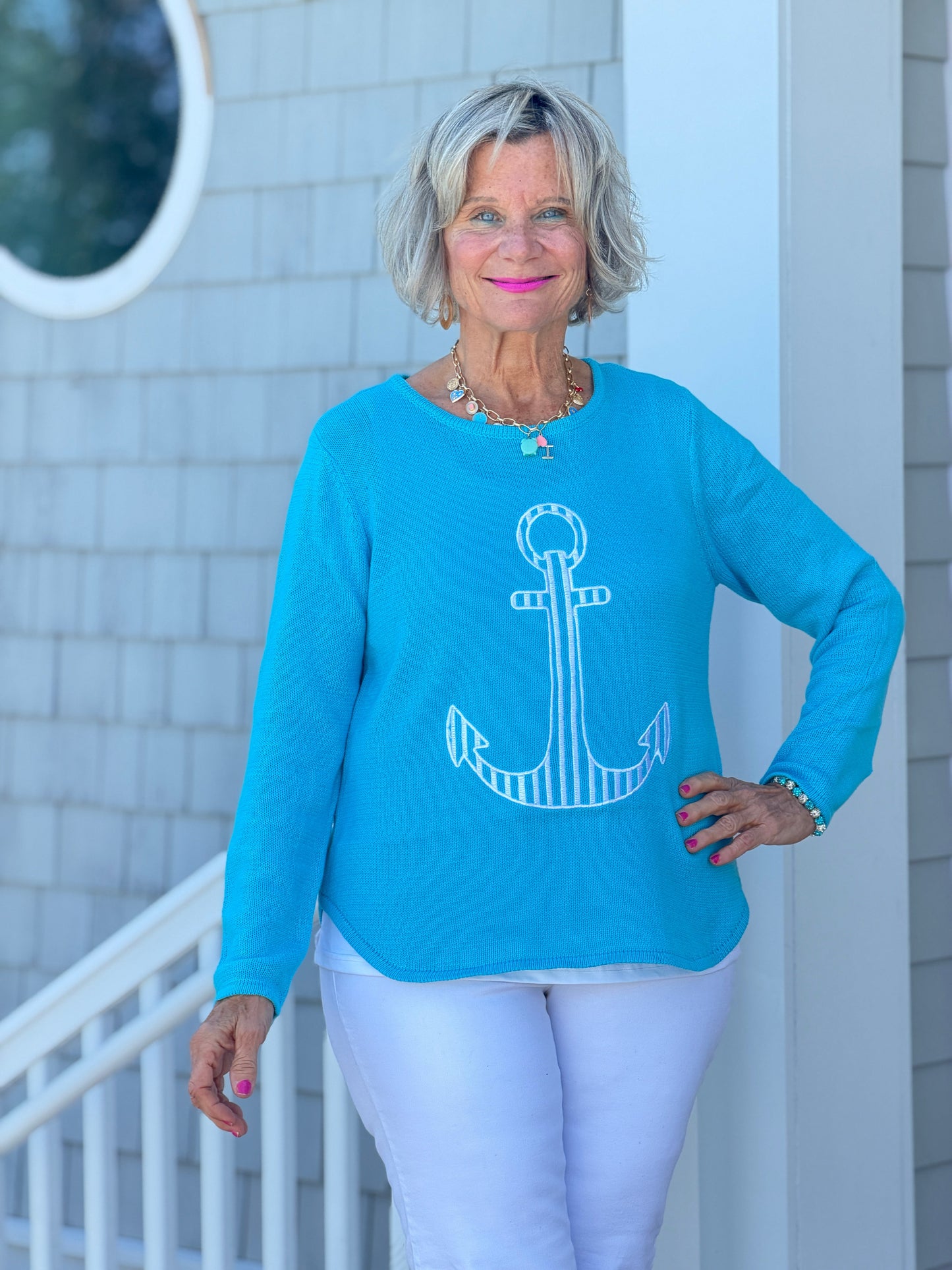 DOCKSIDE NAUTICAL AQUA STRIPE ANCHOR SWEATER