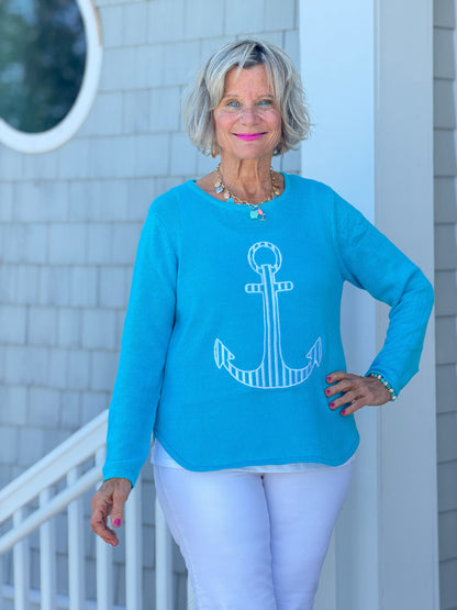 DOCKSIDE NAUTICAL AQUA STRIPE ANCHOR SWEATER