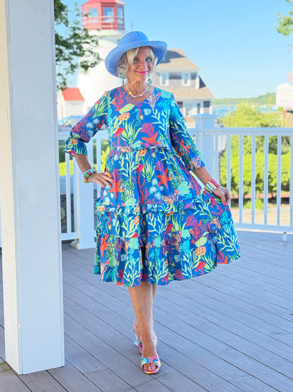 CORAL GARDEN RUFFLE V Neck DRESS
