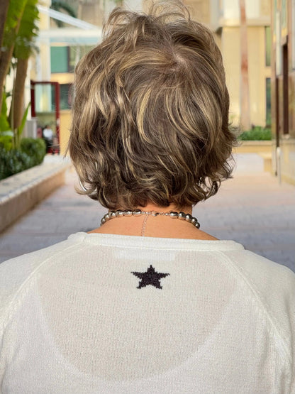 LULU-B WHITE AND BLACK STAR CHENILLE SWEATER