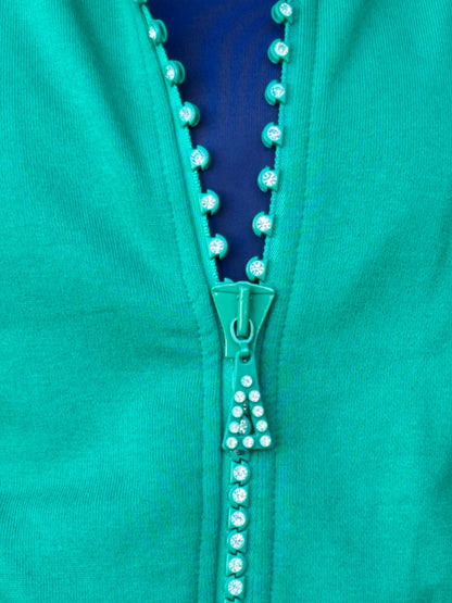 Crystal Zipper Cardigan with Collar Kelly Green