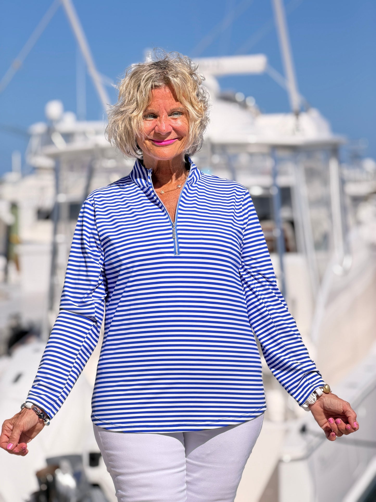 HARBOR BLUE STRIPED HALF ZIPPER TOP
