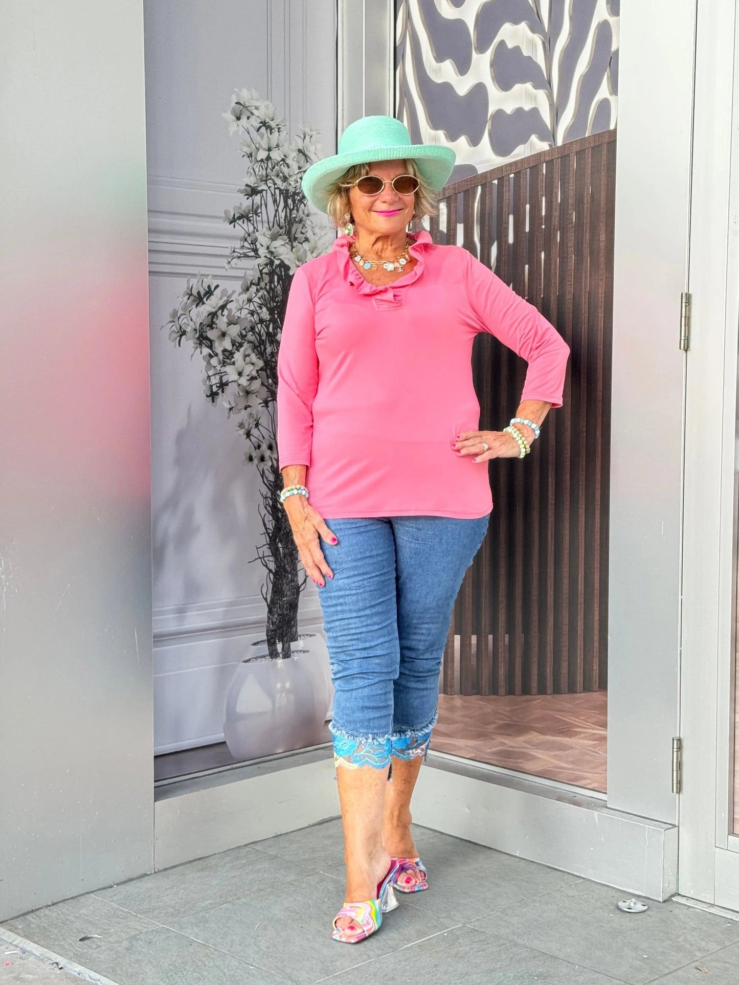 Coral 3/25 Ruffle Top
