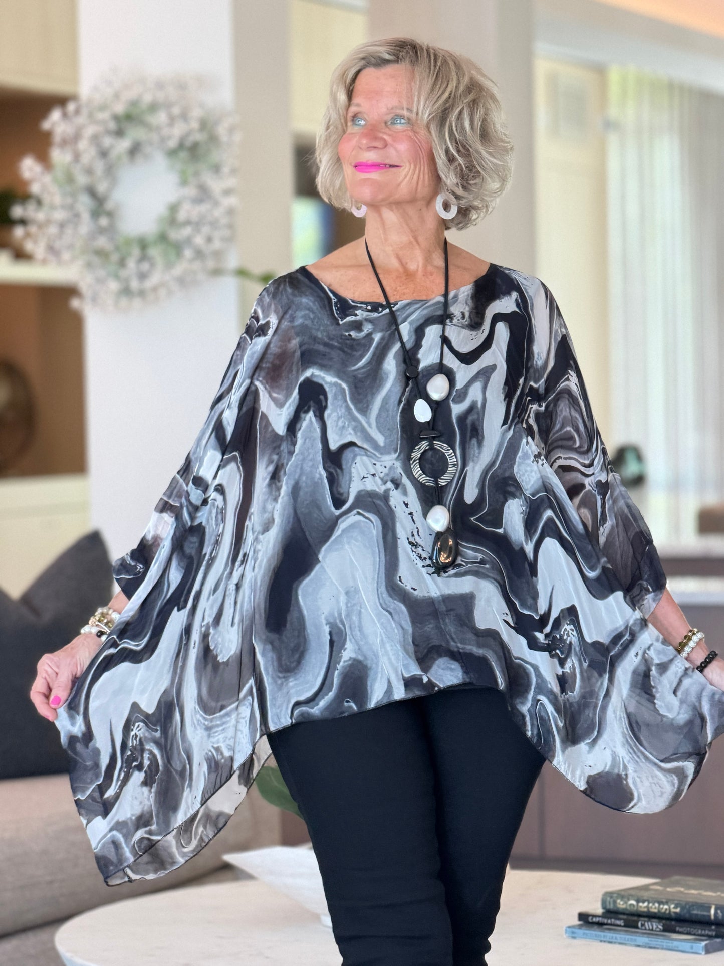 Black Swirl Silk Top