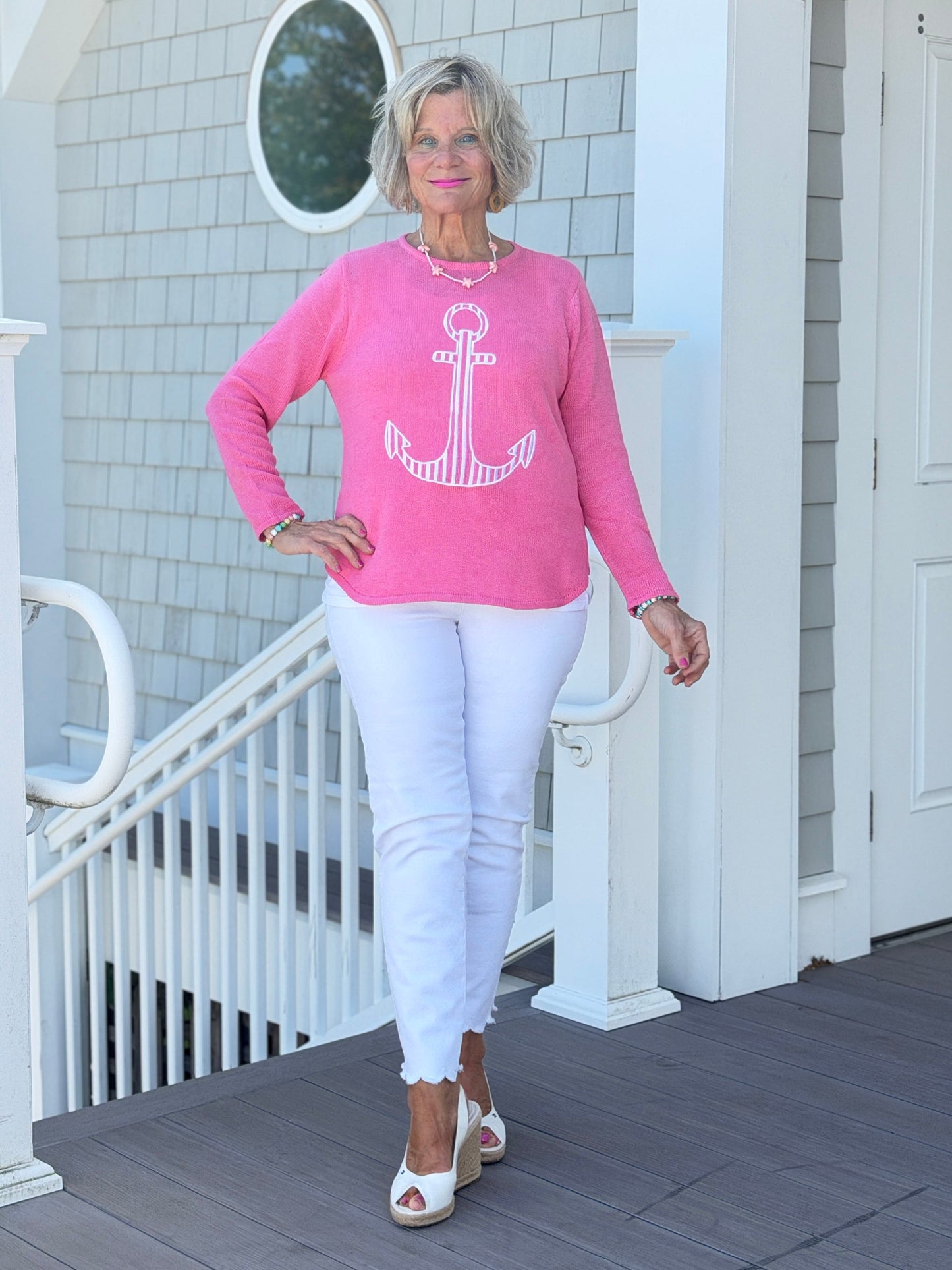 DOCKSIDE NAUTICAL PINK STRIPE ANCHOR SWEATER