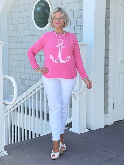 DOCKSIDE NAUTICAL PINK STRIPE ANCHOR SWEATER