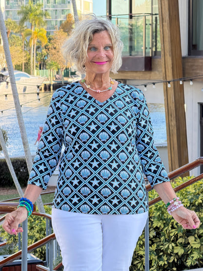 LULU B OCEAN TREASURES V NECK TOP