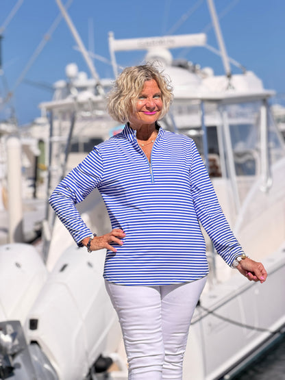 HARBOR BLUE STRIPED HALF ZIPPER TOP