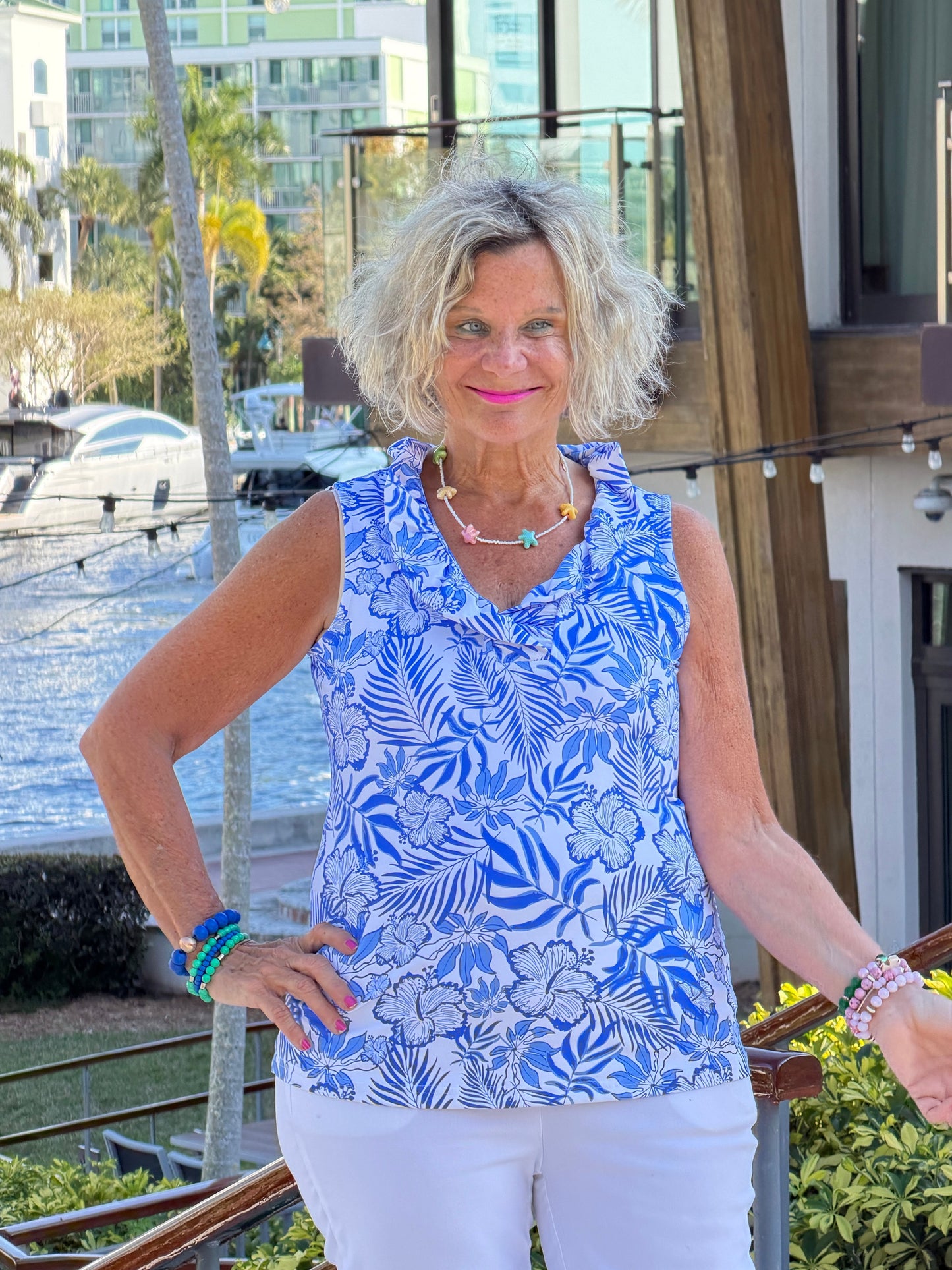 LULU B HIBISCUS COAST SLEEVELESS RUFFLE TOP