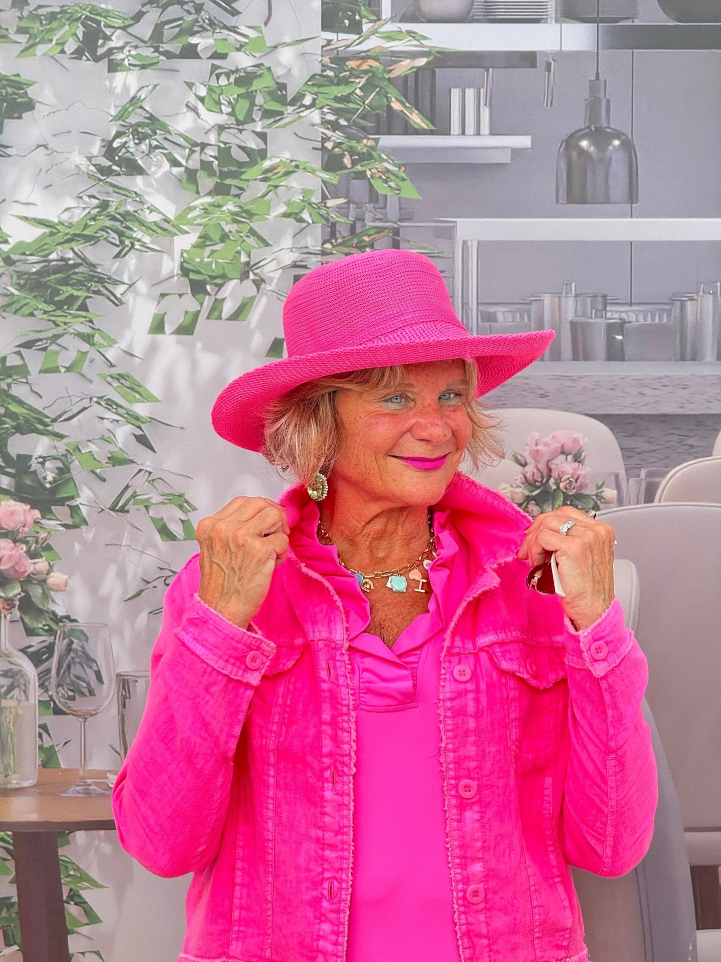 HOT PINK 3/25 SLEEVE RUFFLE TOP