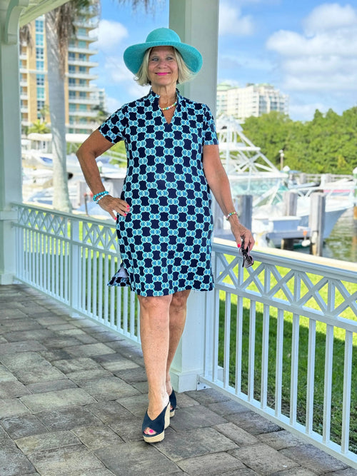 BLUE MEDALLION SHORT SLEEVE DRESS