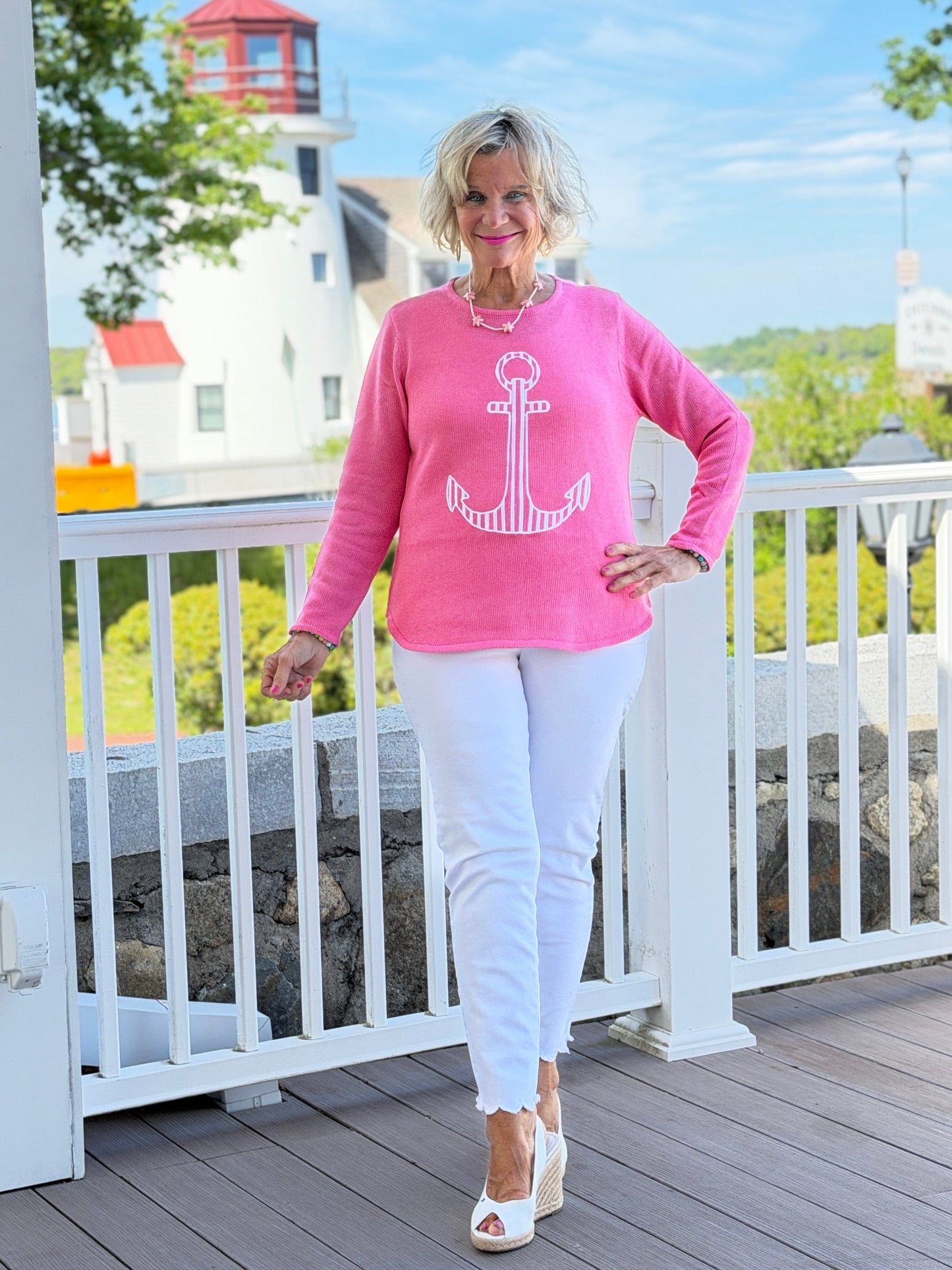DOCKSIDE NAUTICAL PINK STRIPE ANCHOR SWEATER