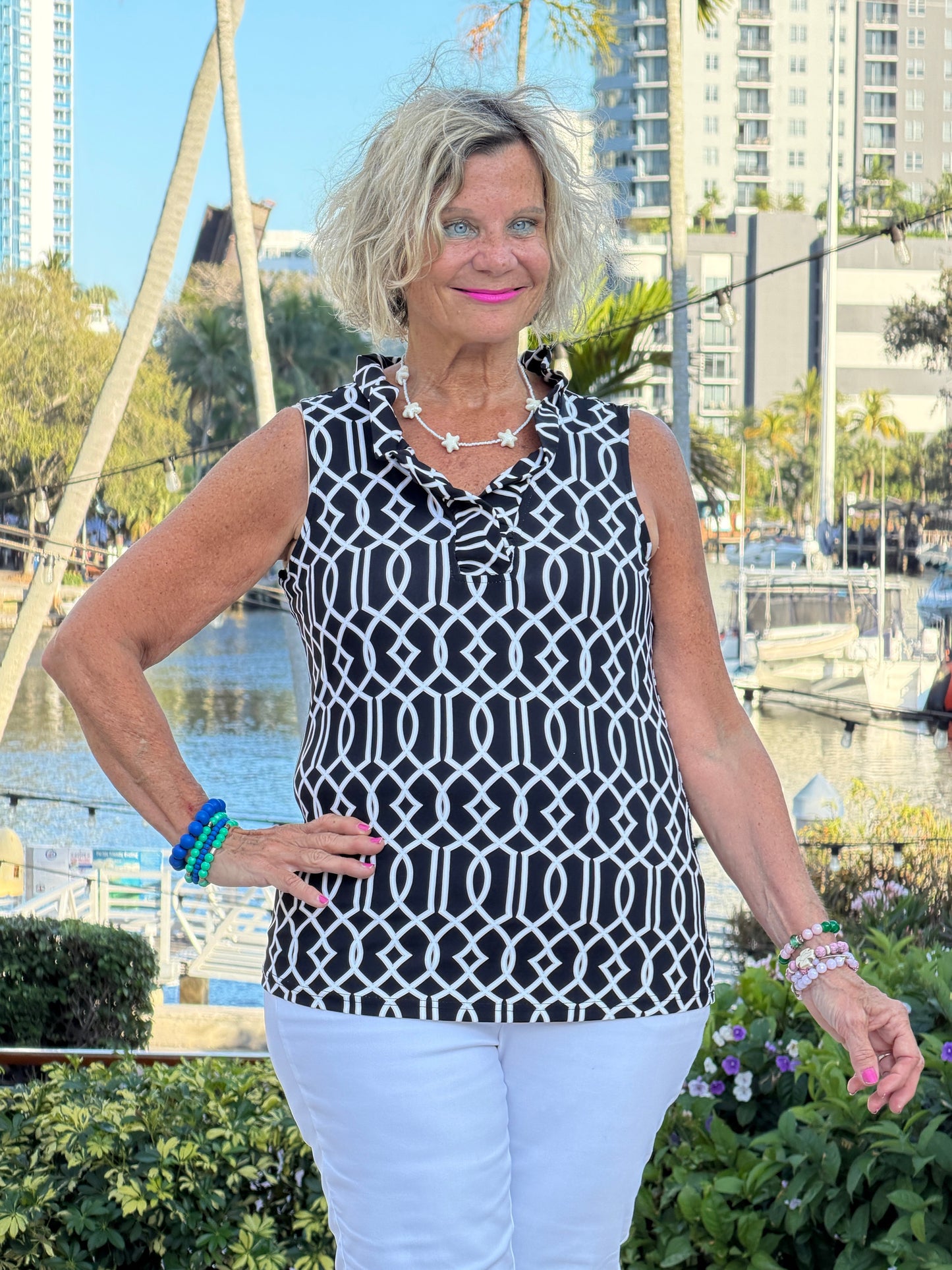 LULU B MIDNIGHT TRELLIS SLEEVELESS RUFFLE TOP