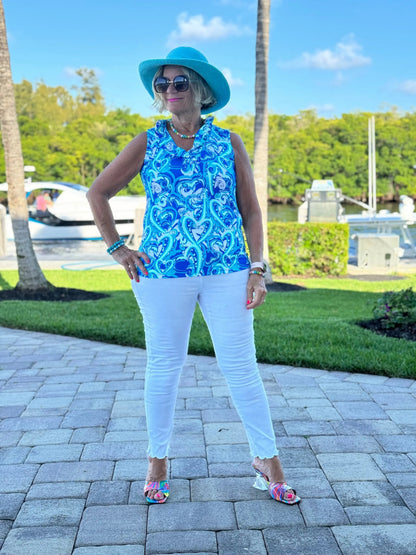 BLUE DREAMING HEARTS SLEEVELESS RUFFLE TOP