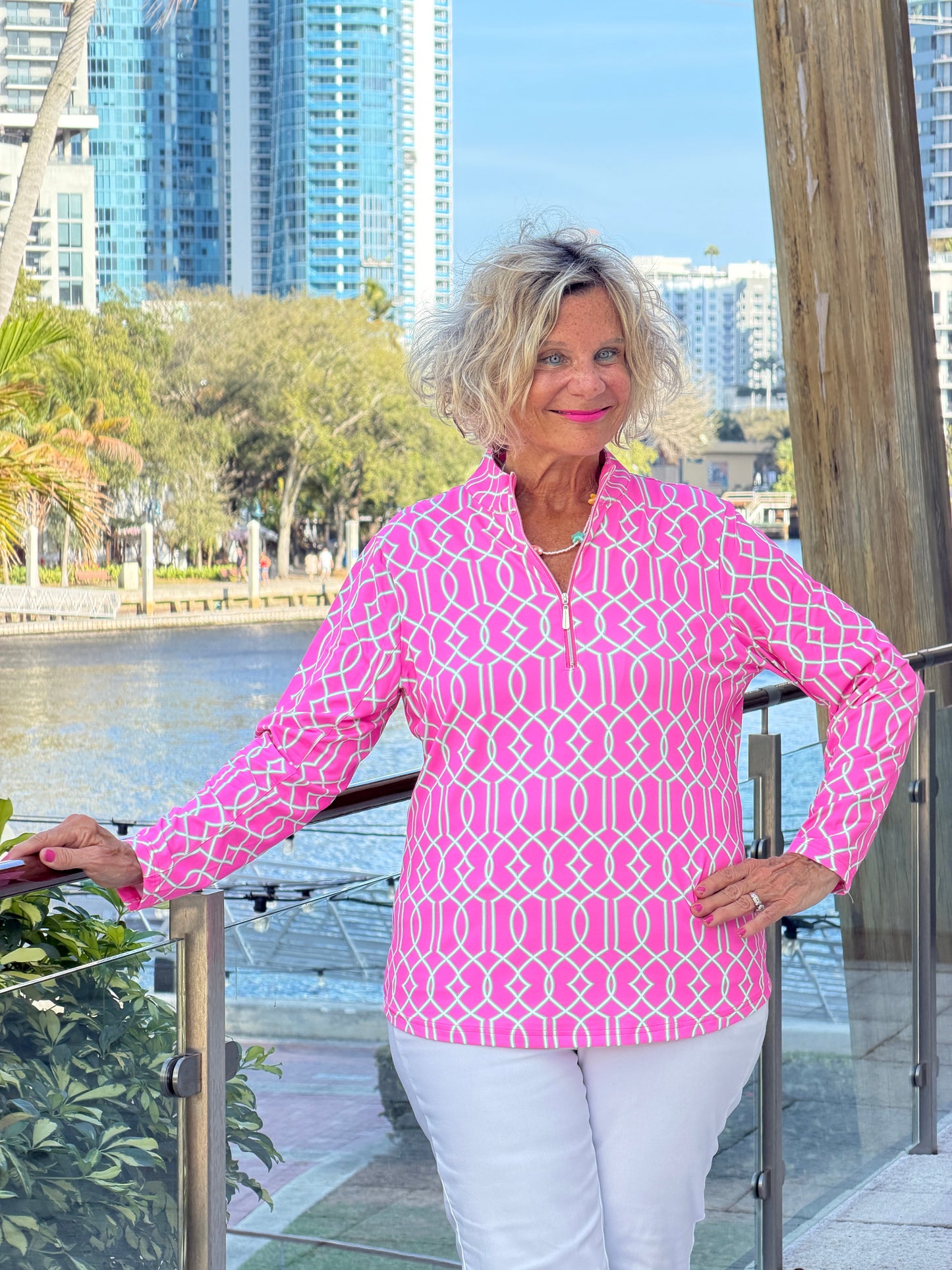 LULU B PALM BEACH LATTICE HALF ZIPPER TOP