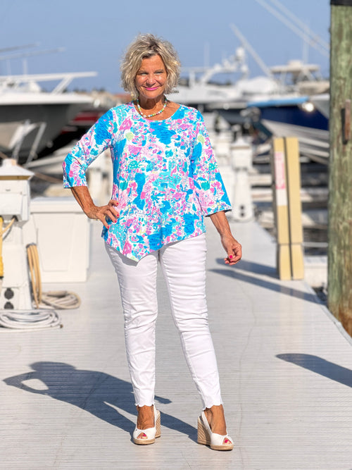 LULU B PALM BEACH SPLASH ASYMMETRIC TOP