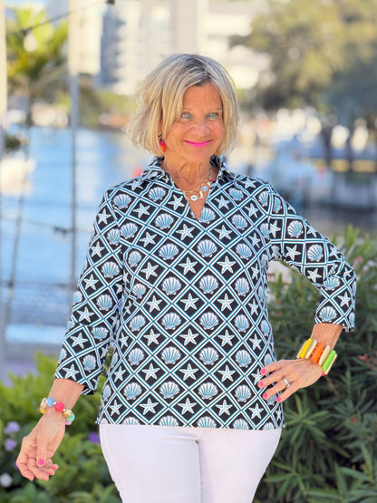 LULU B OCEAN TREASURES COLLAR SLEEVE TOP