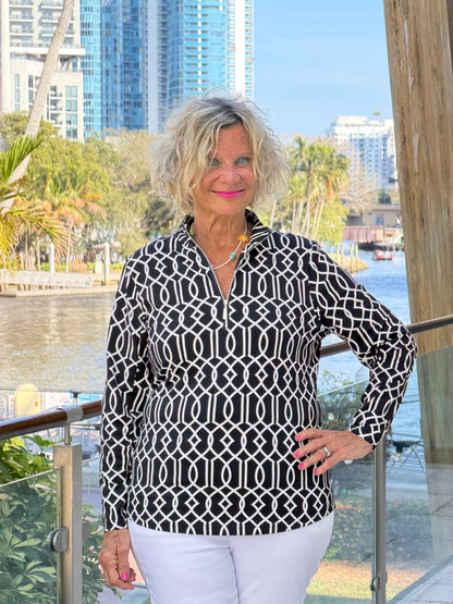 LULU B MIDNIGHT TRELLIS HALF ZIPPER TOP