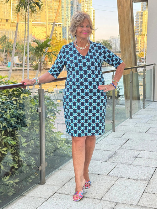 BLUE MEDALLION ELBOW DRESS
