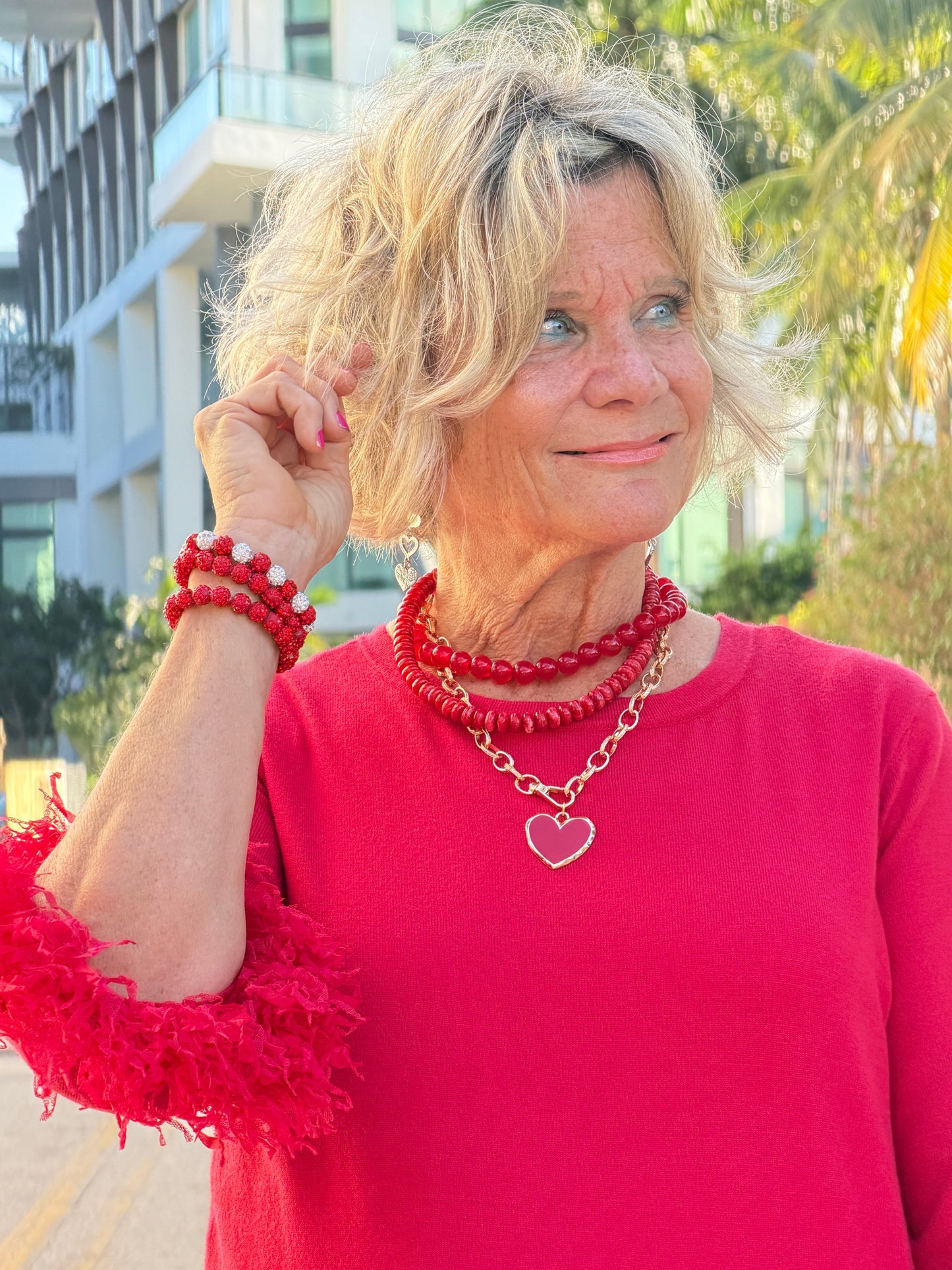 Enamel Heart Pendant Accent Chunky Beaded Layered Statement Necklace