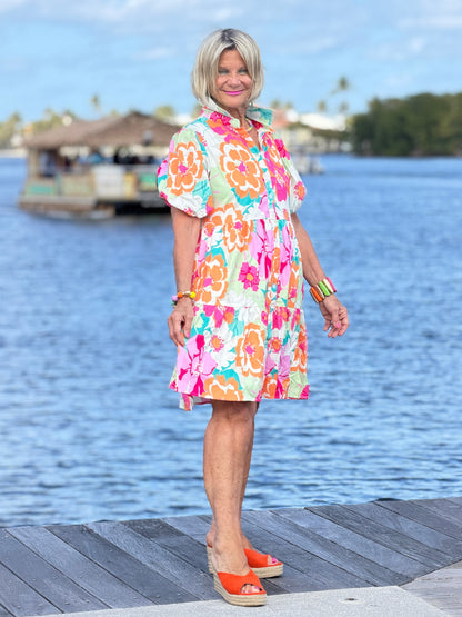 Fashion-W Floral Short Sleeve Buttoned Babydoll BOHO Dress