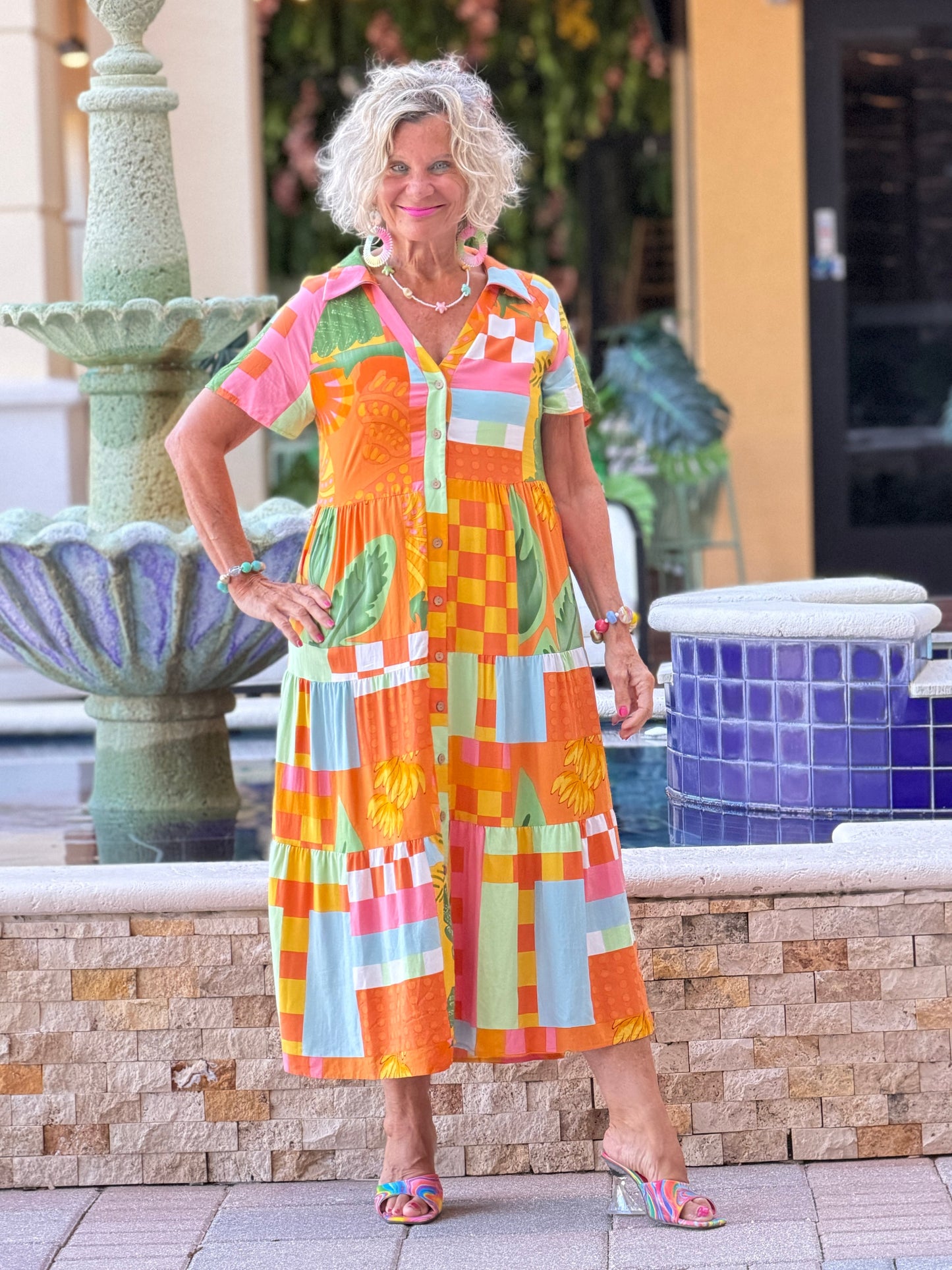 Casual Bohemian ORANGE high-waisted color contrast dress