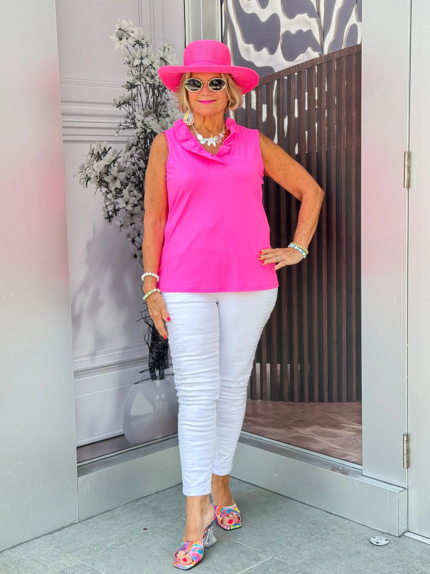 HOT PINK SLEEVELESS RUFFLE TOP