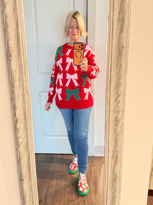 Bow Pearl Christmas Sweater