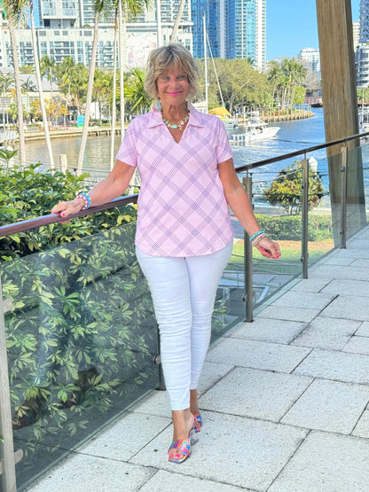 LULU B PINK CHIC SHORT SLEEVE V-NECK COLLAR TOP