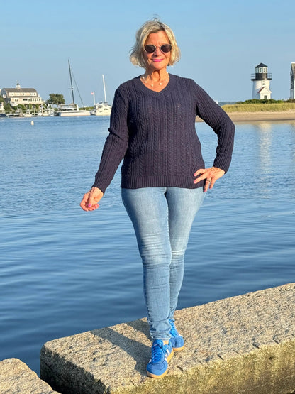 LULU-B NAVY CABLE V NECK SWEATER