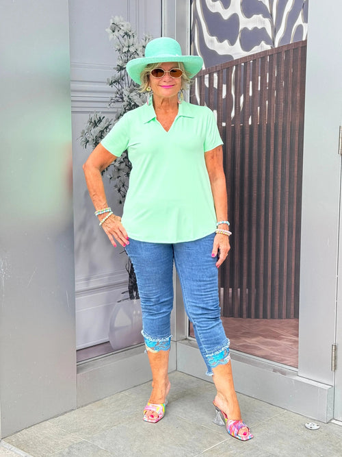 LULU-B CLEAR LIME SHORT SLEEVE COLAR TOP