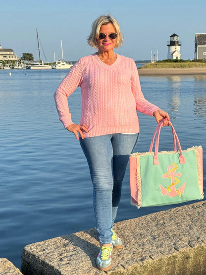 Cable-Knit Cotton PINK  V-Neck Sweater